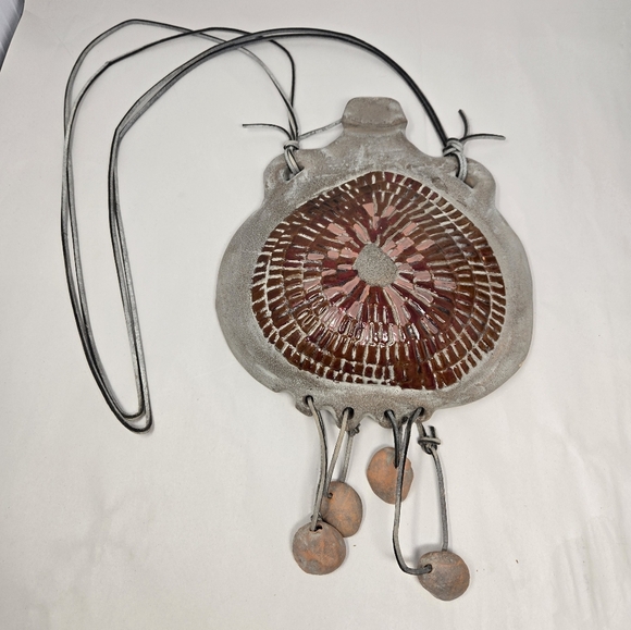 Vintage Ceramic Bag Wall Art, Medicine Bag Leather Straps Tribal Wall Art Rustic - Picture 12 of 12